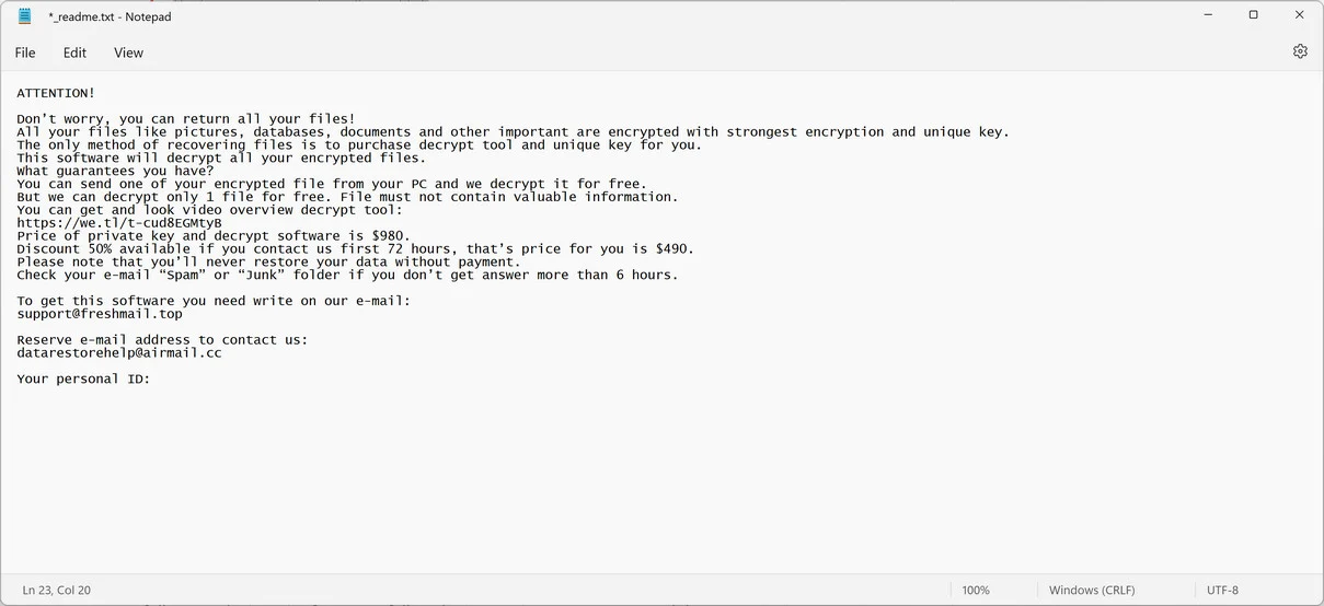 Image: Support@Freshmail.top email ransom note