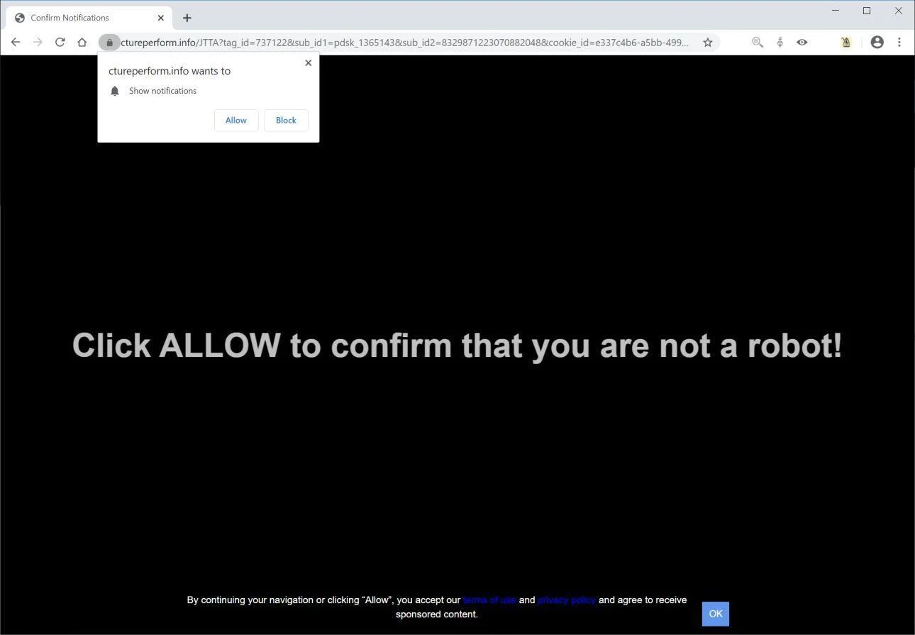 Image: Chrome browser is redirected to Ctureperform.info