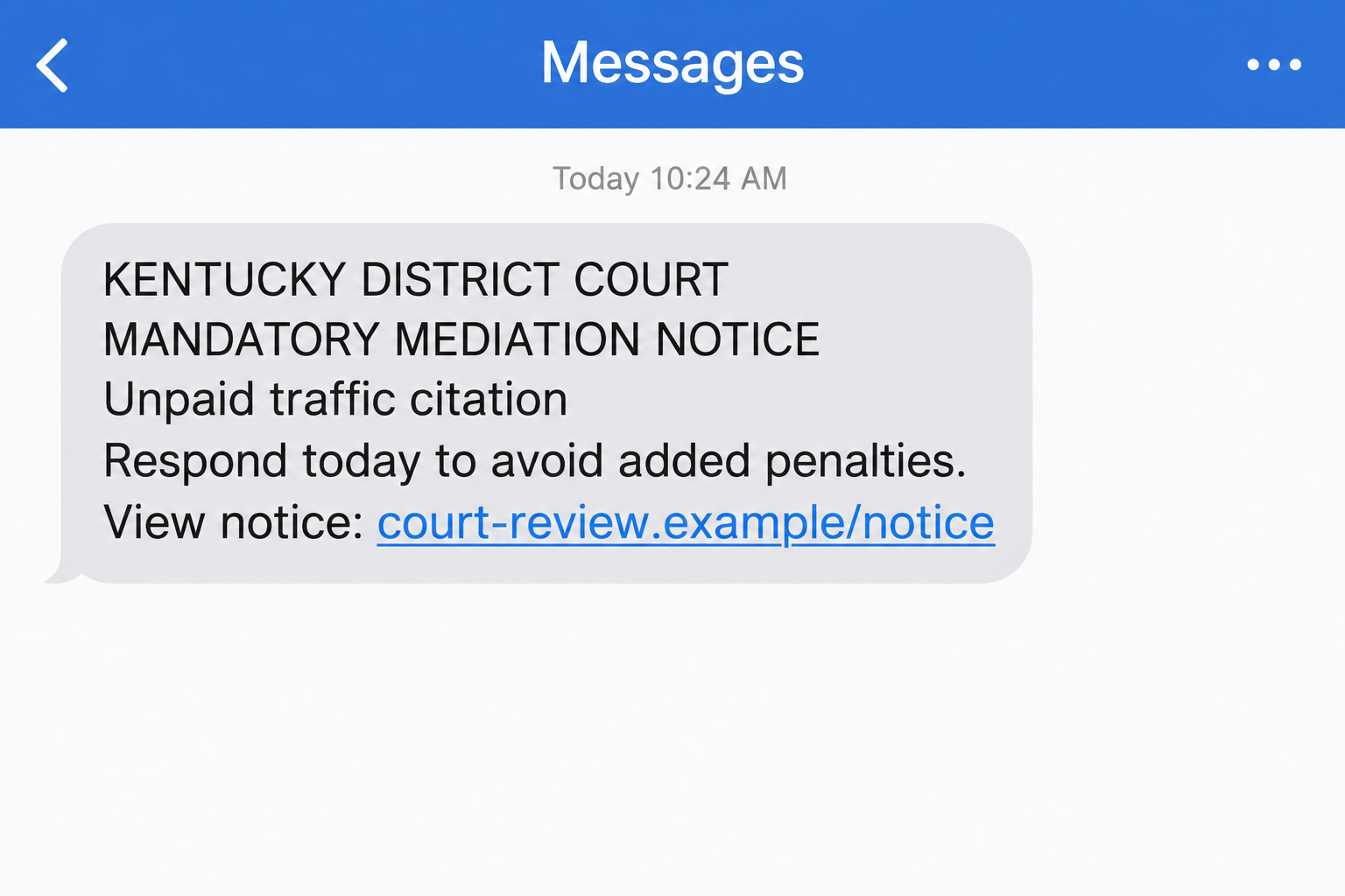 Illustrative Kentucky District Court scam text claiming mandatory mediation with a fictional nonfunctional notice link