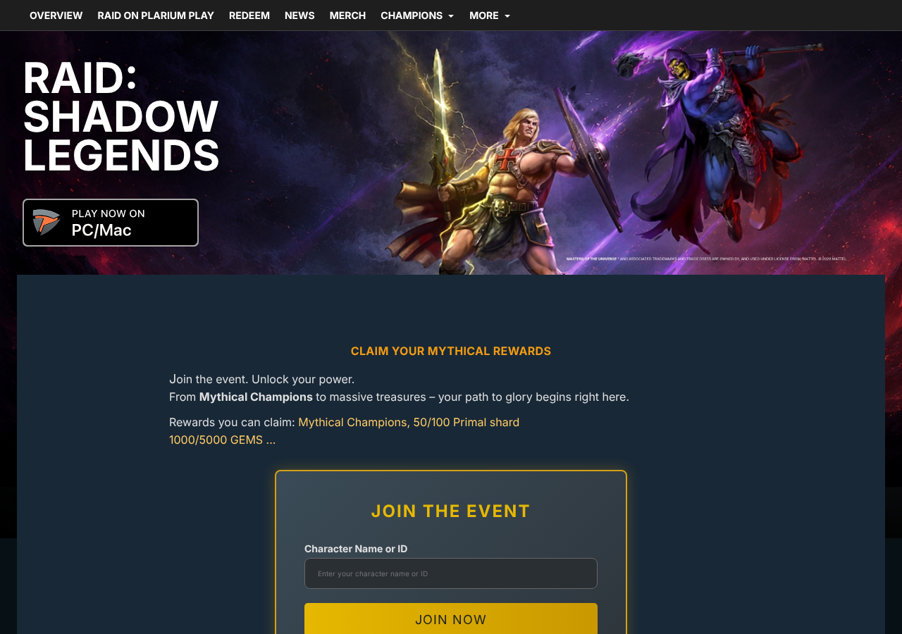 RaidChest.com Scam? Inside the RAID Rewards Page Asking for Your Game ID 1 Original RaidChest.com page capture showing claimed Mythical rewards, gems, Primal shards, and a character name or ID field