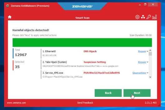 Zemana AntiMalware removing Search.heasytofindforms.com redirect browser hijacker