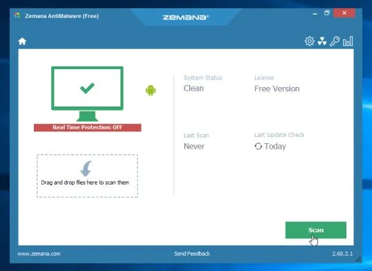 Click on the Scan button to perform a system scan Zemana AntiMalware Free Scan