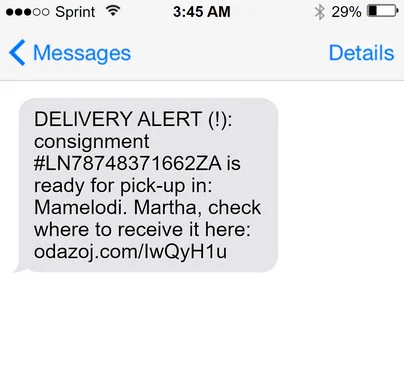 Delivery Alert Consignment #LN78748371662ZA Text Message Scam