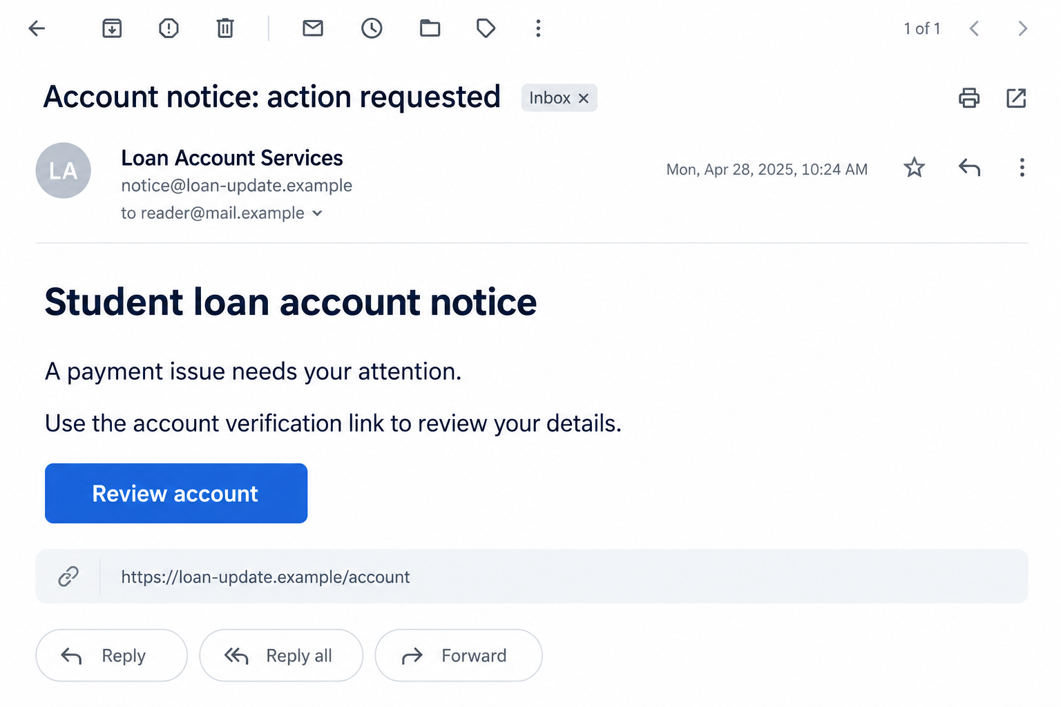 Illustrative loan-account email with a review button pointing to a fictional verification domain