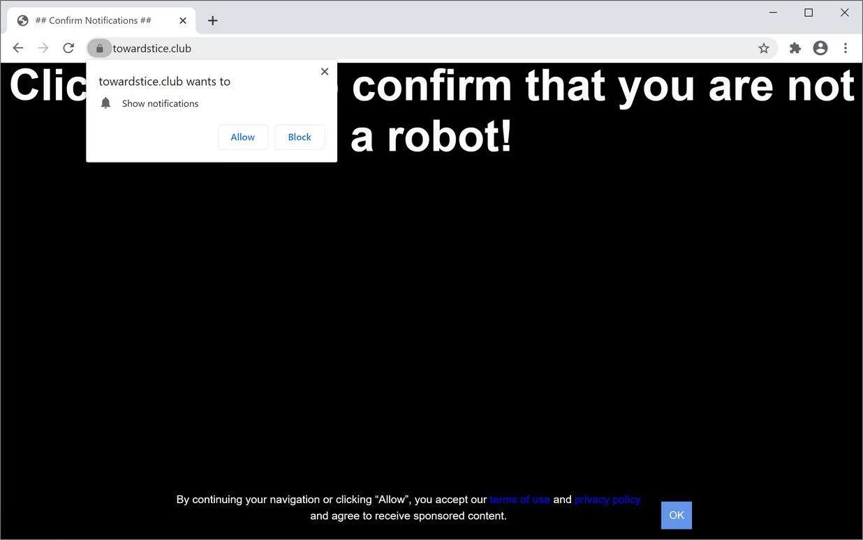 Remove Towardstice.club pop-up ads (Virus Removal Guide) 1 Image: Chrome browser is redirected to Towardstice.club
