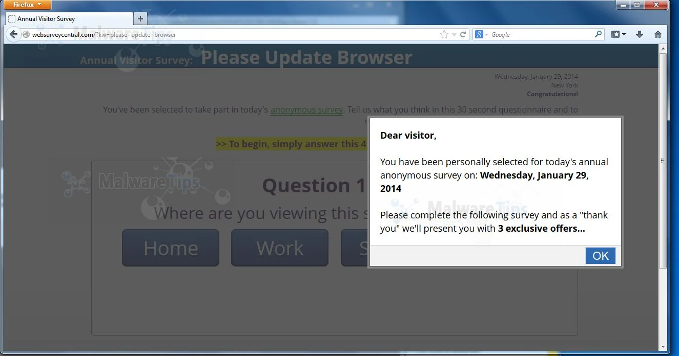 [Image: WebSurveyCentral.com pop-up virus]