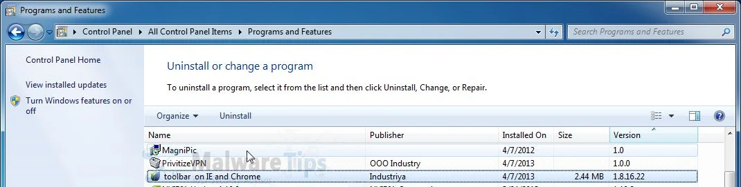 [Image: Uninstall MagniPic program from Windows]