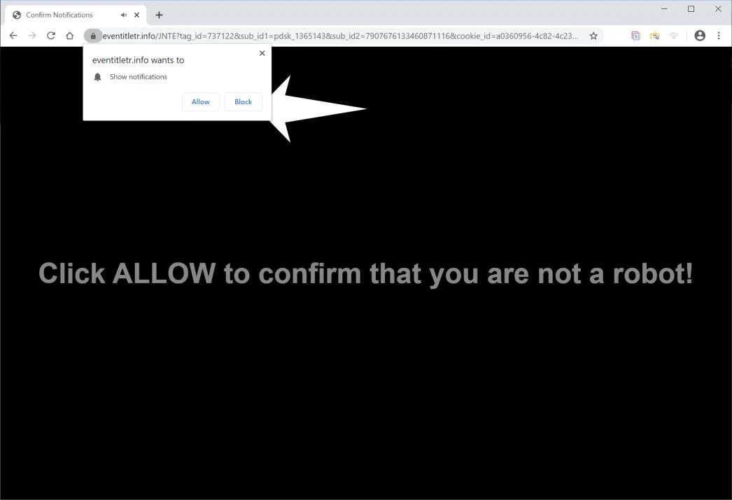 Remove Eventitletr.info pop-up ads (Virus Removal Guide) 1 Image: Chrome browser is redirected to Eventitletr.info
