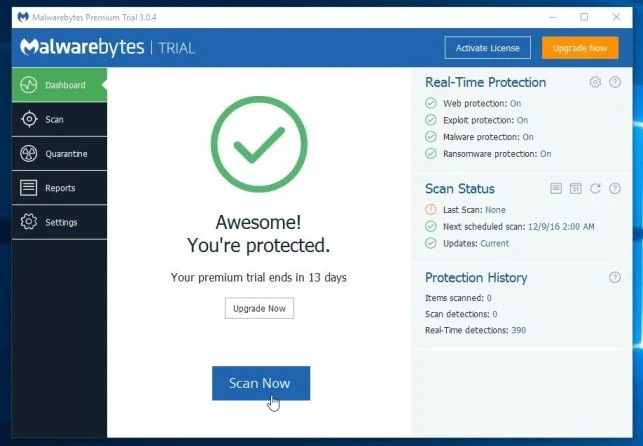 Click on the Scan Now button to scan with Malwarebytes Perform a system scan with Malwarebytes
