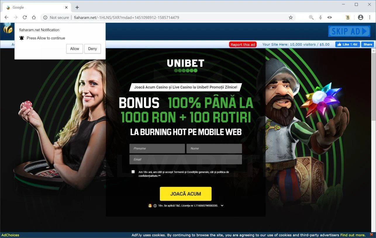 Image: Chrome browser is redirected to Fiaharam.net