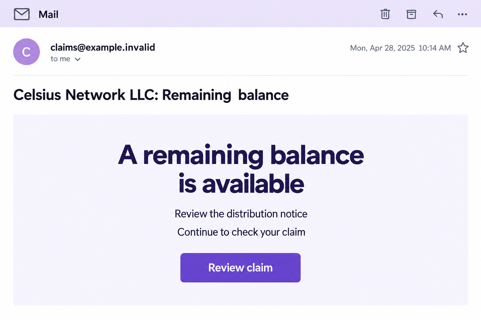 Fictional Celsius remaining-balance email illustration with a nonfunctional example sender and claim-review button