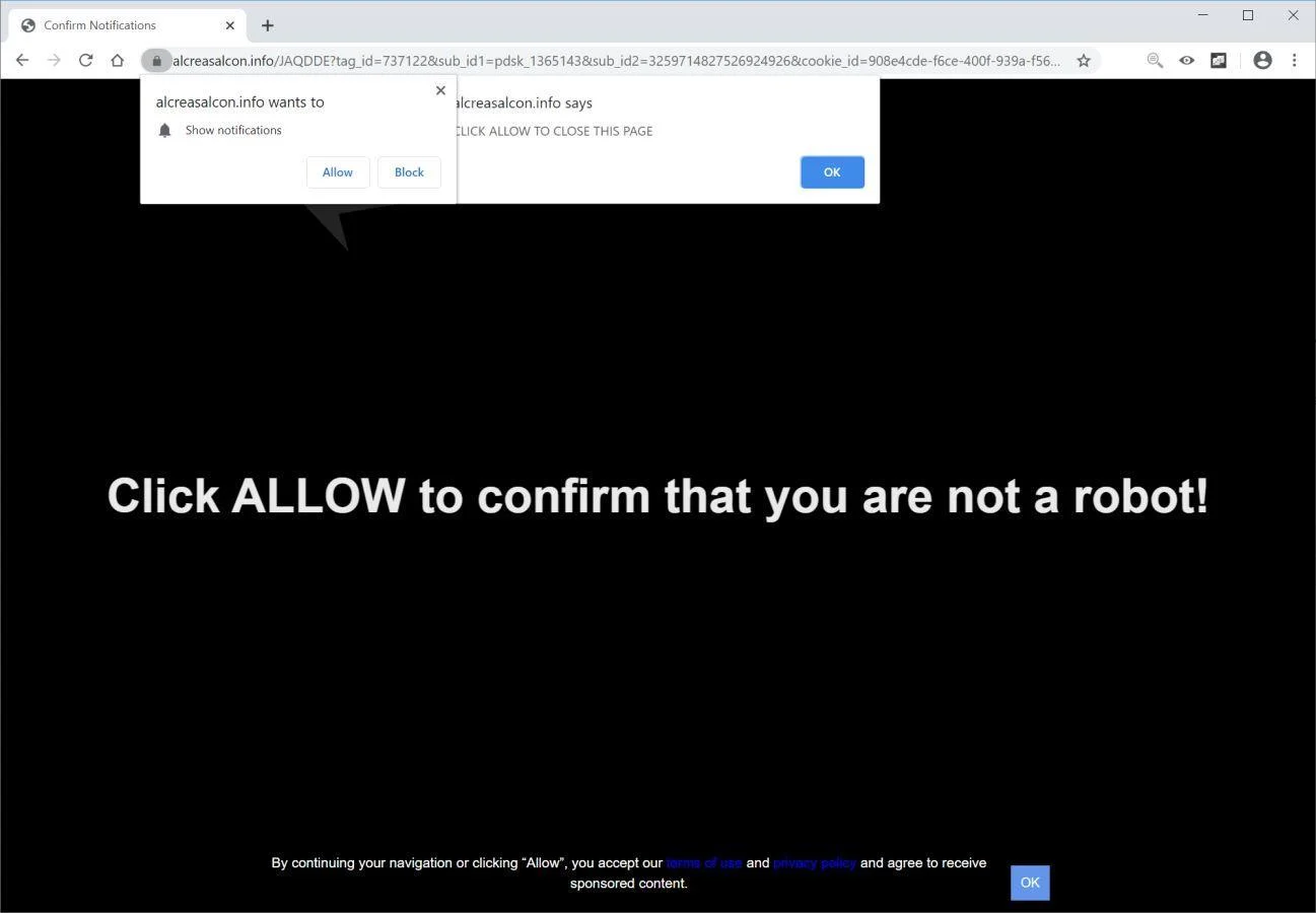 Remove Alcreasalcon.info pop-up ads (Virus Removal Guide) 1 Image: Chrome browser is redirected to Alcreasalcon.info