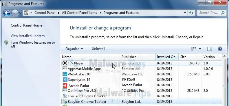 [Image: Uninstall Arcade Parlor malicious program from Windows]