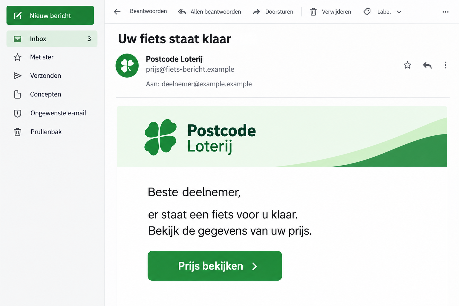 Postcode Loterij Bike Scam: Fake Winner Emails Lead You Into a Claim Trap 1 Generated example of a false Postcode Loterij bicycle-prize email with fictional sender details