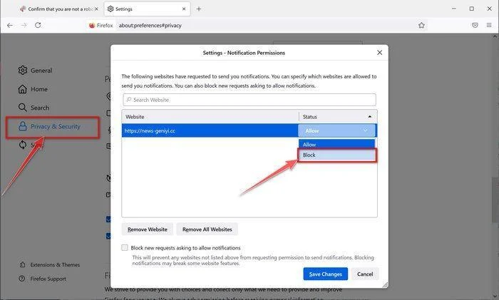 Reset site permissions firefox