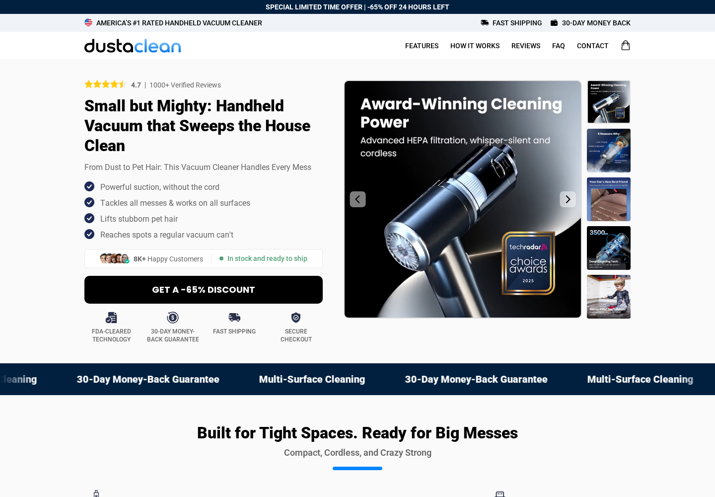 DustaClean handheld vacuum promotion with discount and product claims