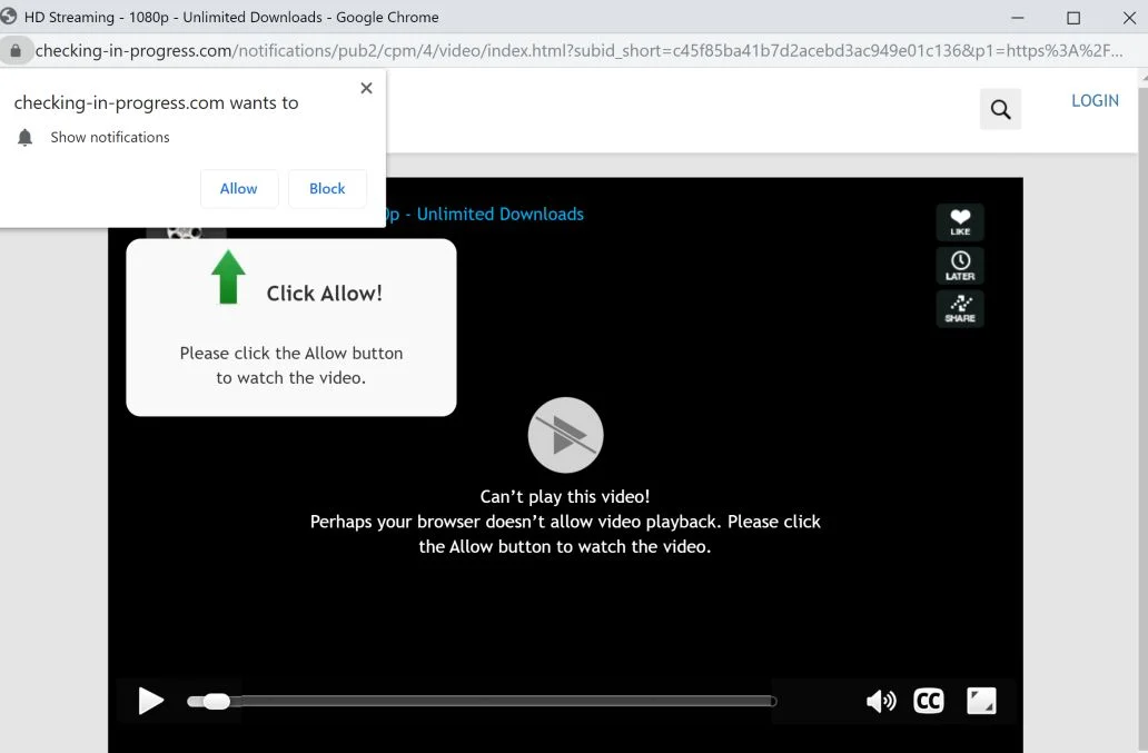 Image: Chrome browser is redirected to Checking-in-progress.com