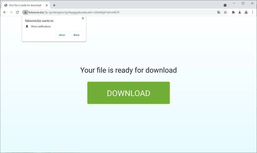Image: Chrome browser is redirected to Folowme.biz