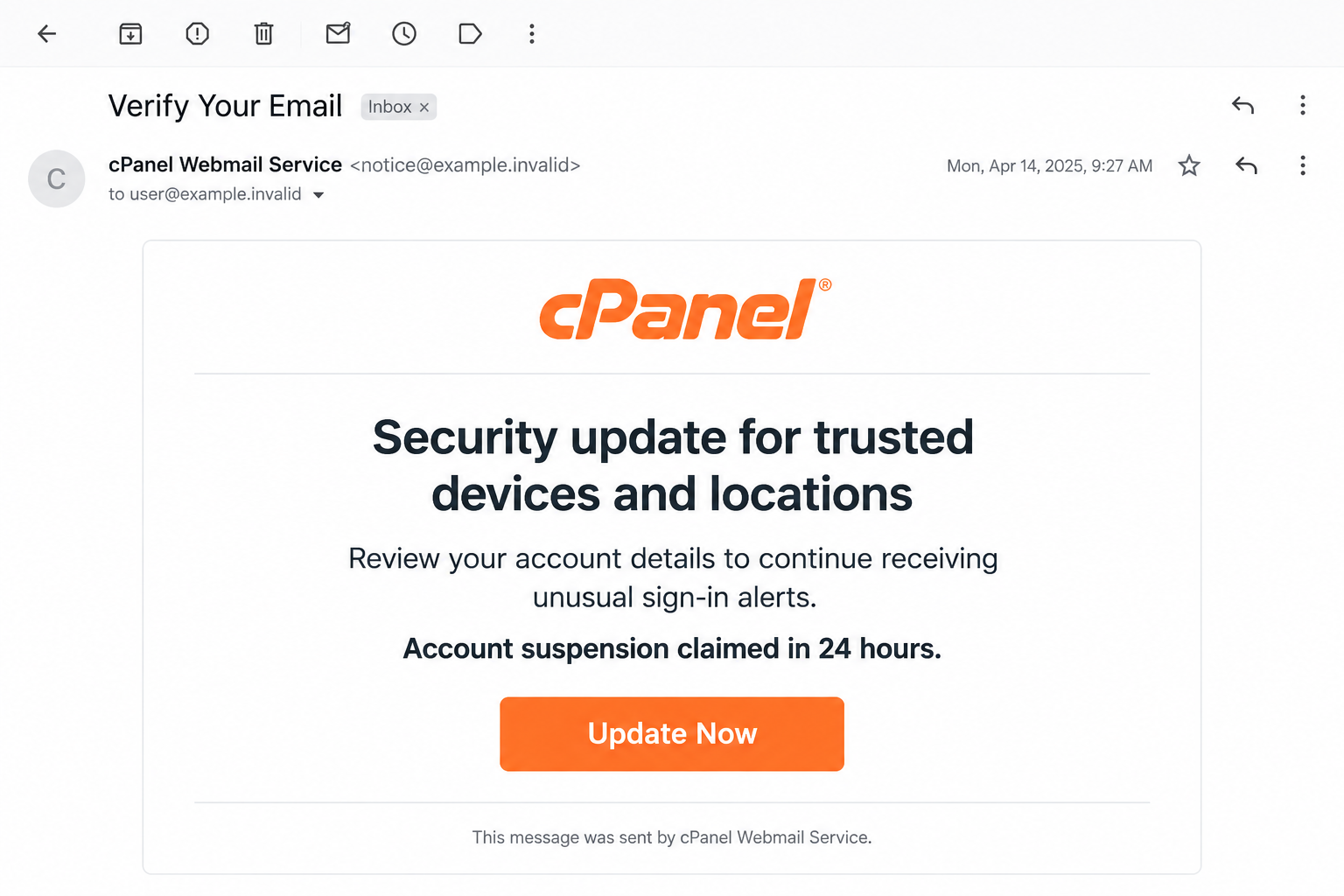 Illustrative cPanel-style email about trusted devices and locations with an Update Now button and suspension claim