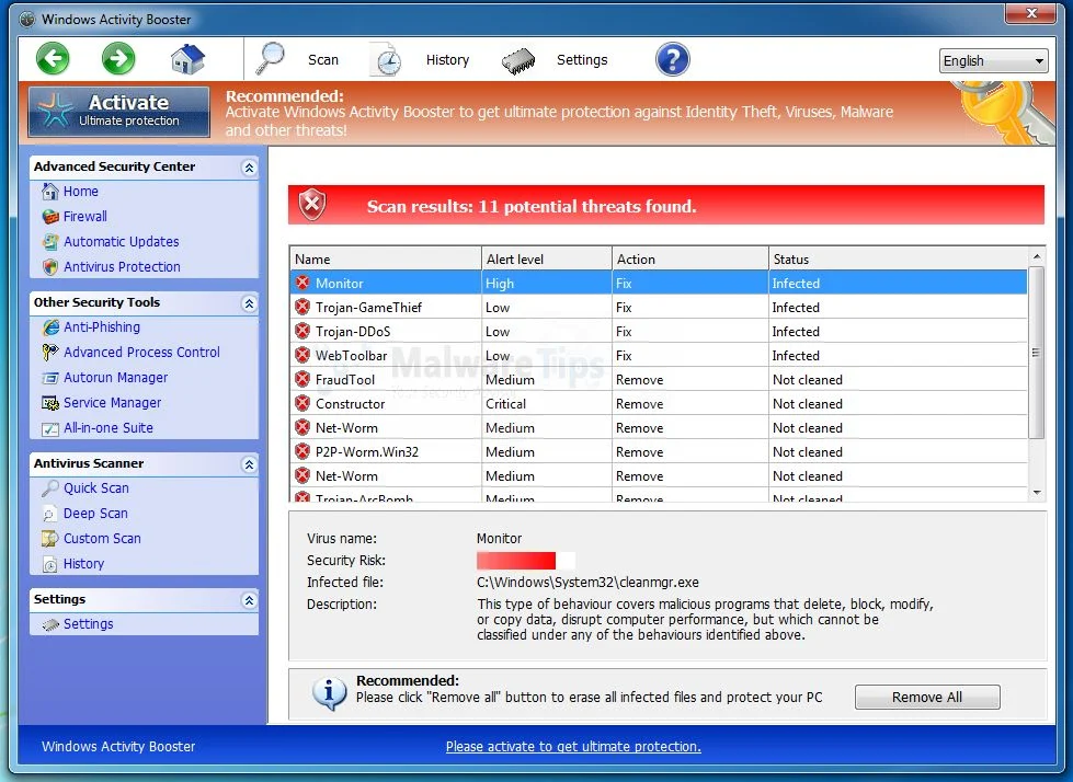 Windows Activity Booster malware Picture of Windows Activity Booster malware