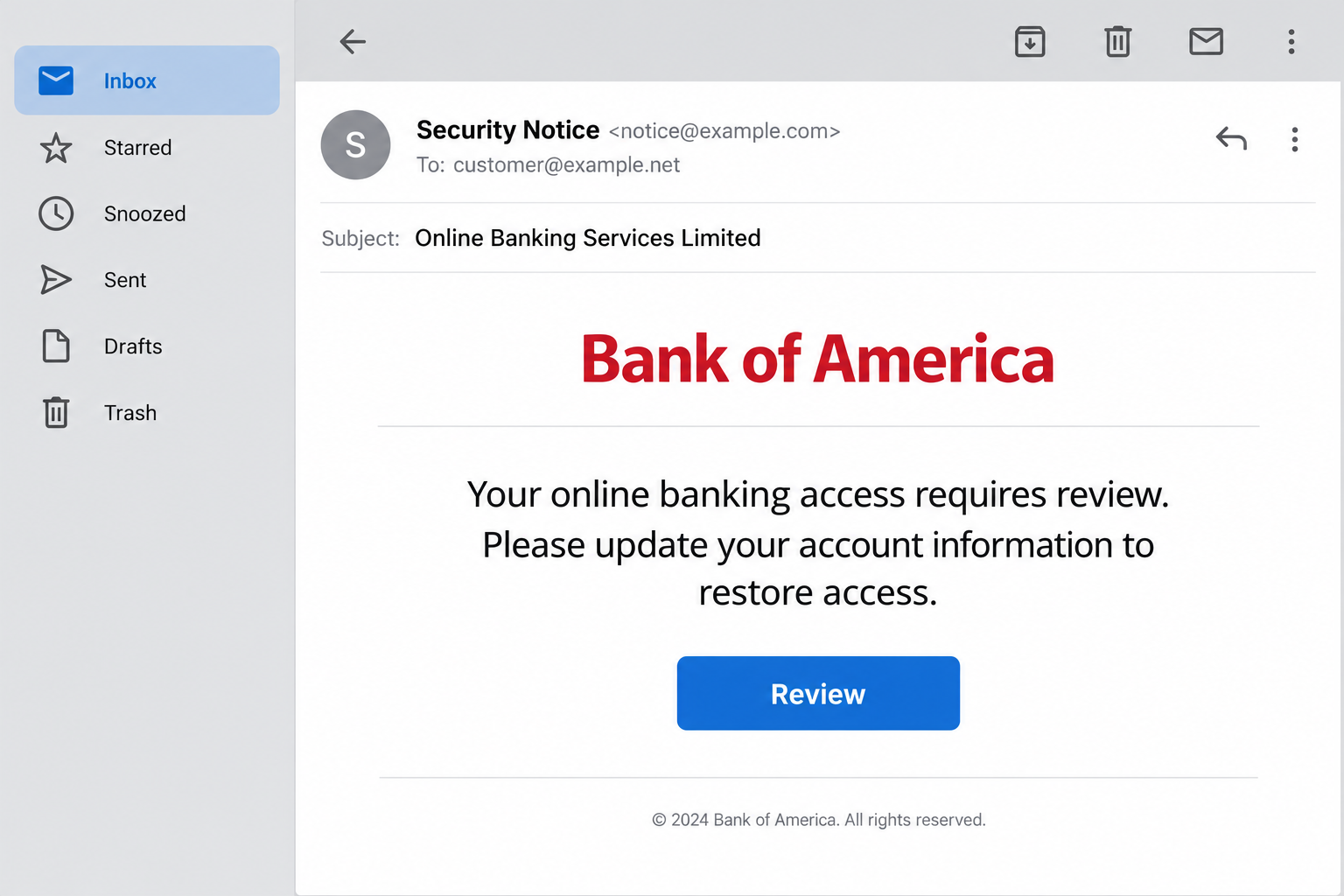 Bank of America Services Limited Email Scam: Fake Review Button Exposed 1 Illustrative Bank of America impersonation email claiming online banking services are limited and displaying a Review button