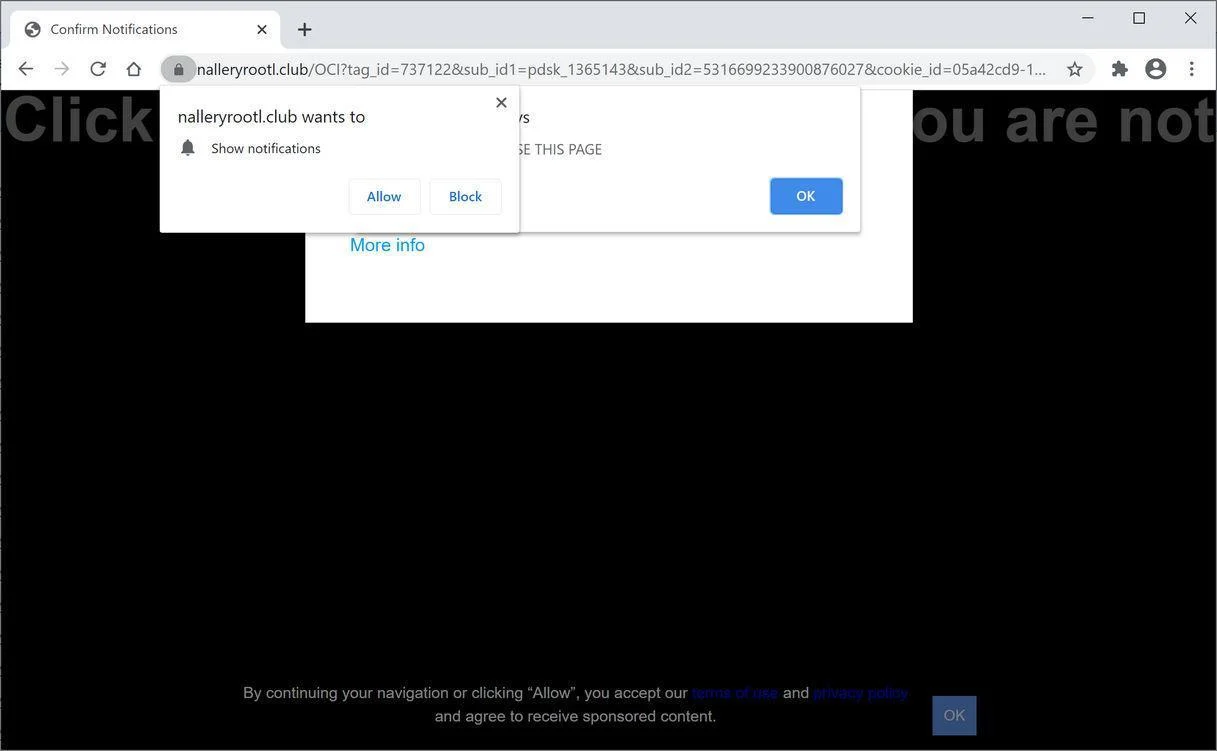 Image: Chrome browser is redirected to Nalleryrootl.club