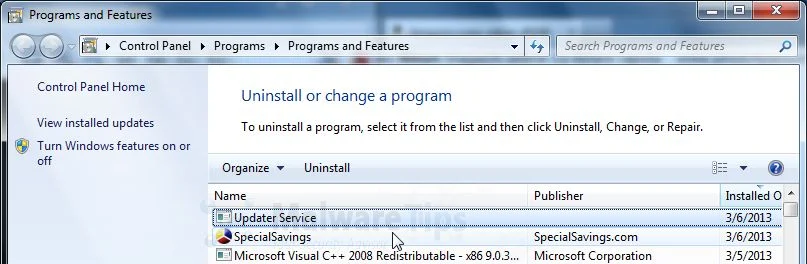 [Image: Uninstall SpecialSavings program]