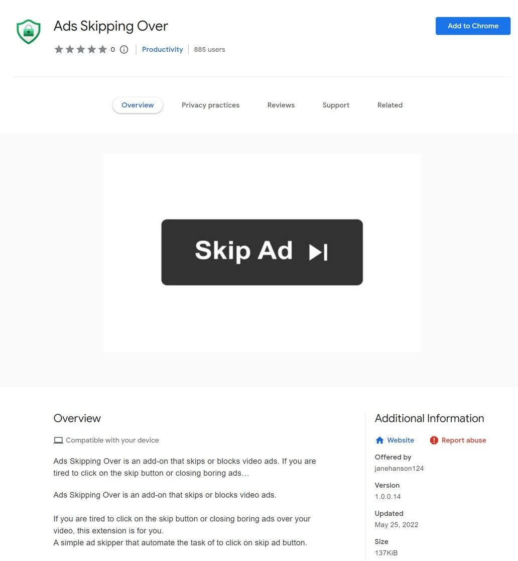 How to remove Ads Skipping Over adware (Virus Removal Guide) 1 Image: Ads Skipping Over Chrome extension