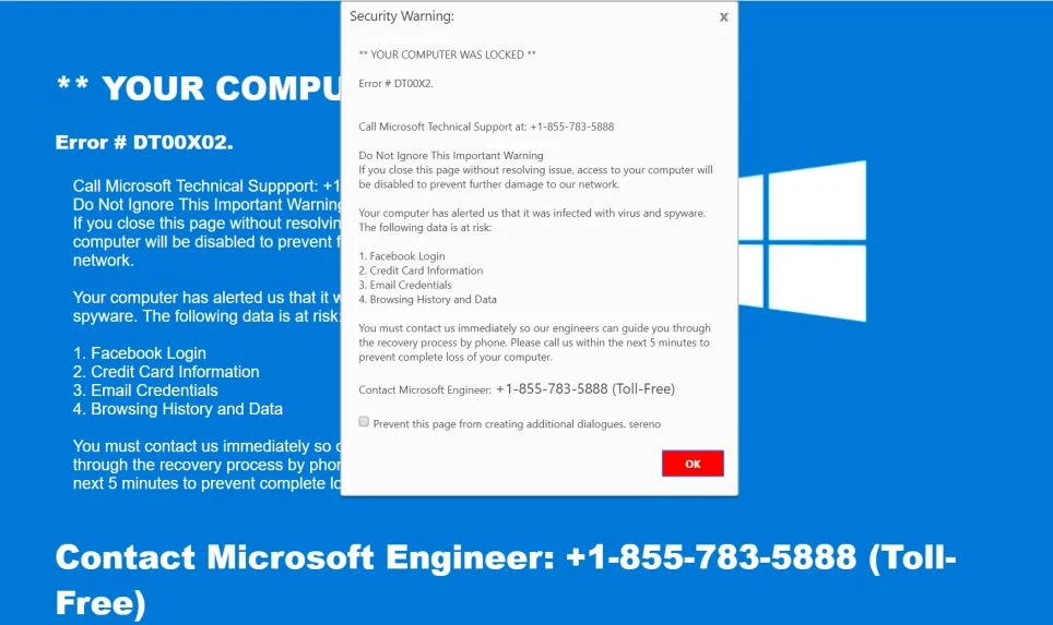 How To Remove "Error # DT00X2" Pop-ups (Microsoft Scam) 1 Image: Error # DT00X02 Pop-up Scam