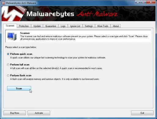 Malwarebytes Anti-Malware quick scan