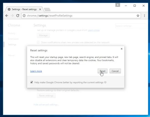 Click on the OK button to reset Google Chrome Reset Google Chrome settings