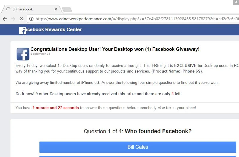 Facebook Free Spins pop-up scam