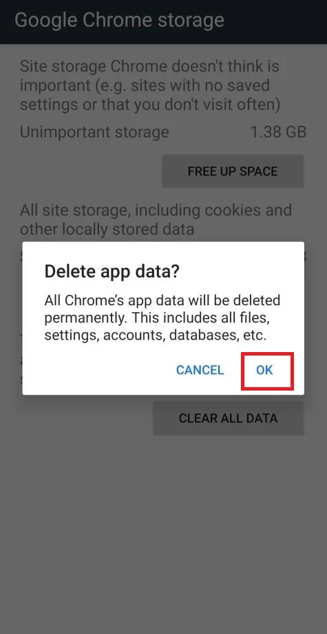 Tap Ok to reset Chrome