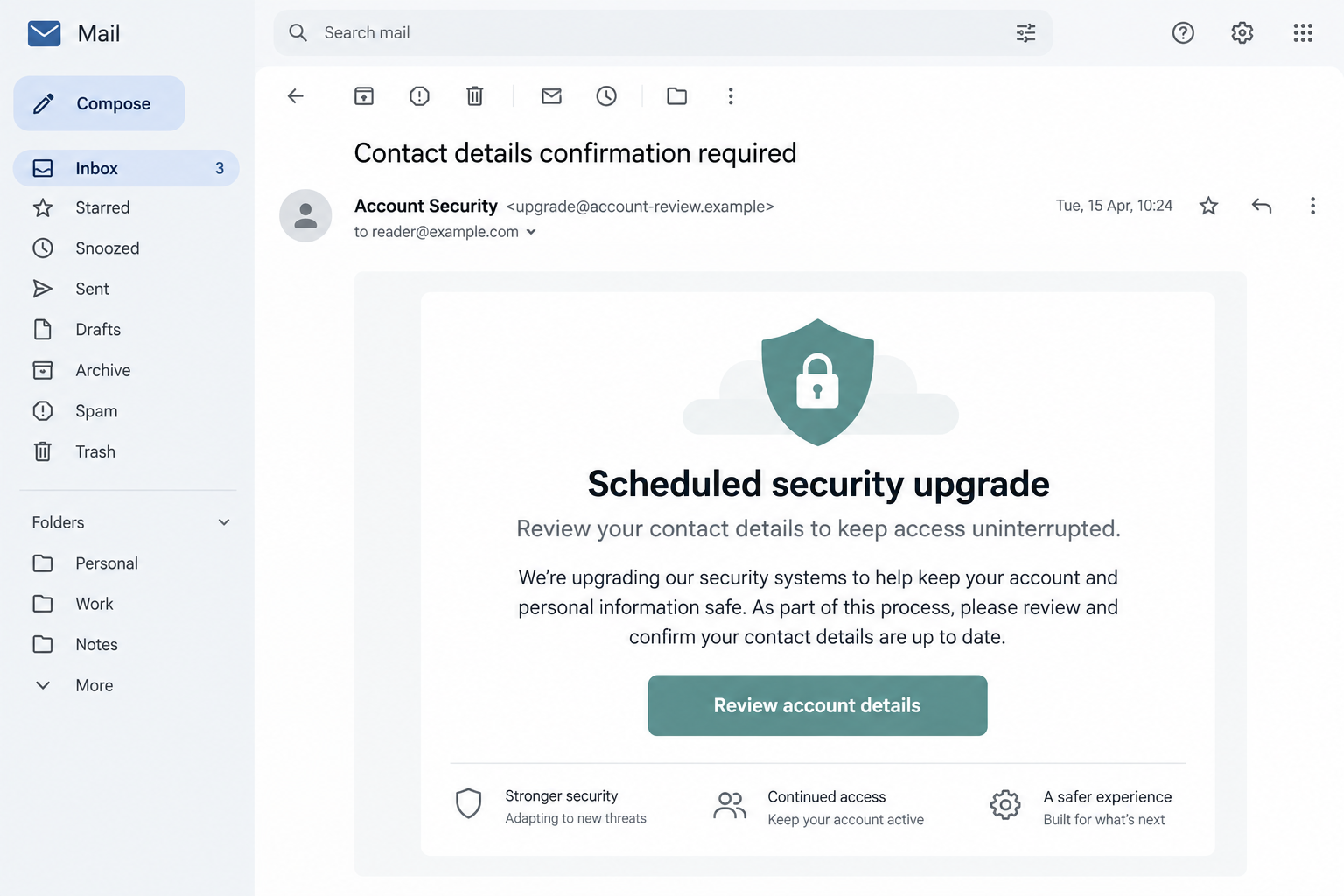 Illustrative contact details confirmation email advertising a scheduled security upgrade