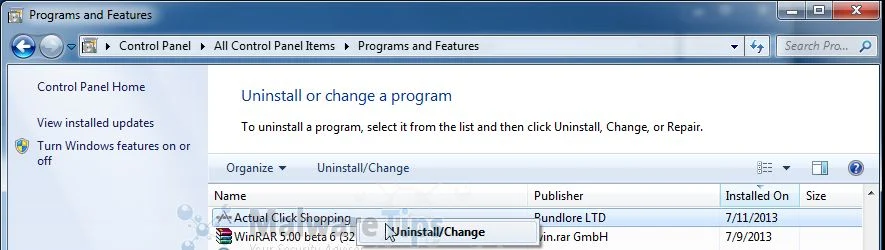 [Image: Uninstall Actual Click Shopping program from Windows]