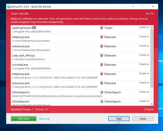 HitmanPro scan summary. Click Next to remove malware HitmanPro detected malware