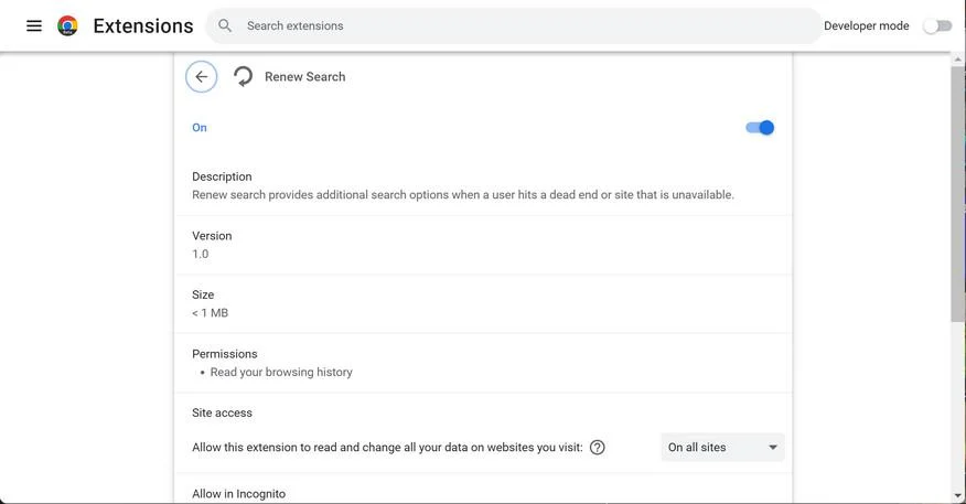 How to remove Renew Search adware (Virus Removal Guide) 1 Image: Renew Search Chrome extension