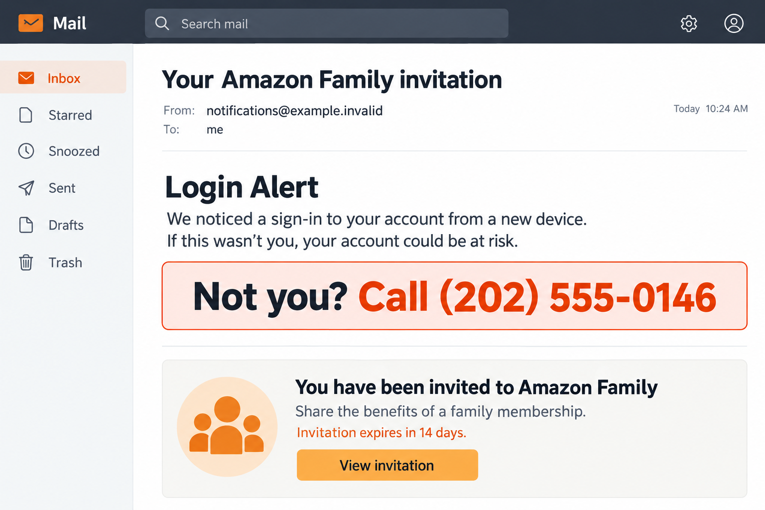 Fictional Amazon Family invitation email illustration combining a login alert with a reserved example callback number