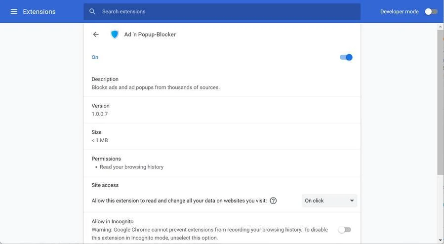 Remove Ad 'n Popup-Blocker Browser Extension (Virus Removal Guide) 1 Image: Ad 'n Popup-Blocker Chrome extension