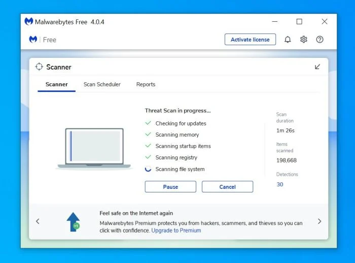 Malwarebytes scanning for malicious programs and virus