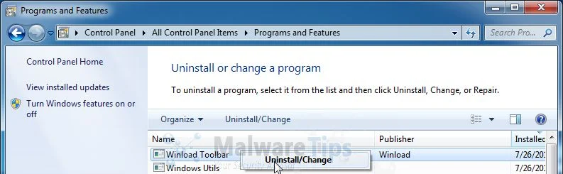 [Image: Uninstall Winload Toolbar from Windows XP, Vista, 7 and 8]