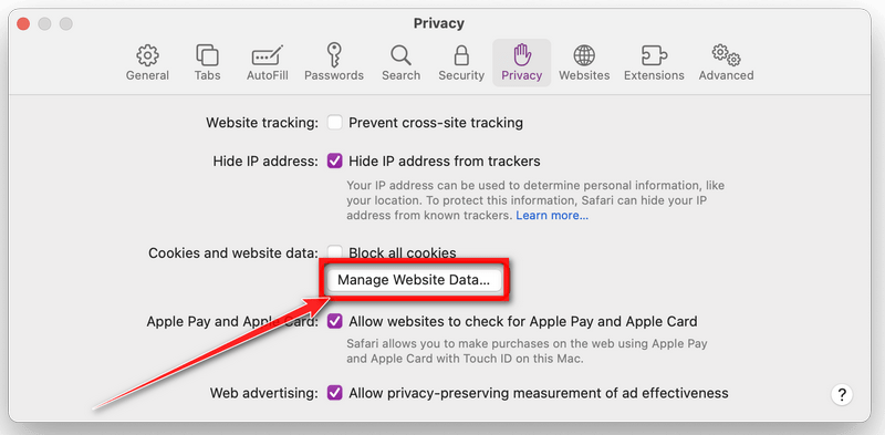 Click Manage Website Data