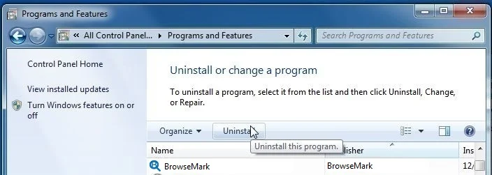 [Image: Uninstall BrowseMark program from Windows]