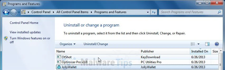 [Image: Uninstall OtShot program from Windows]