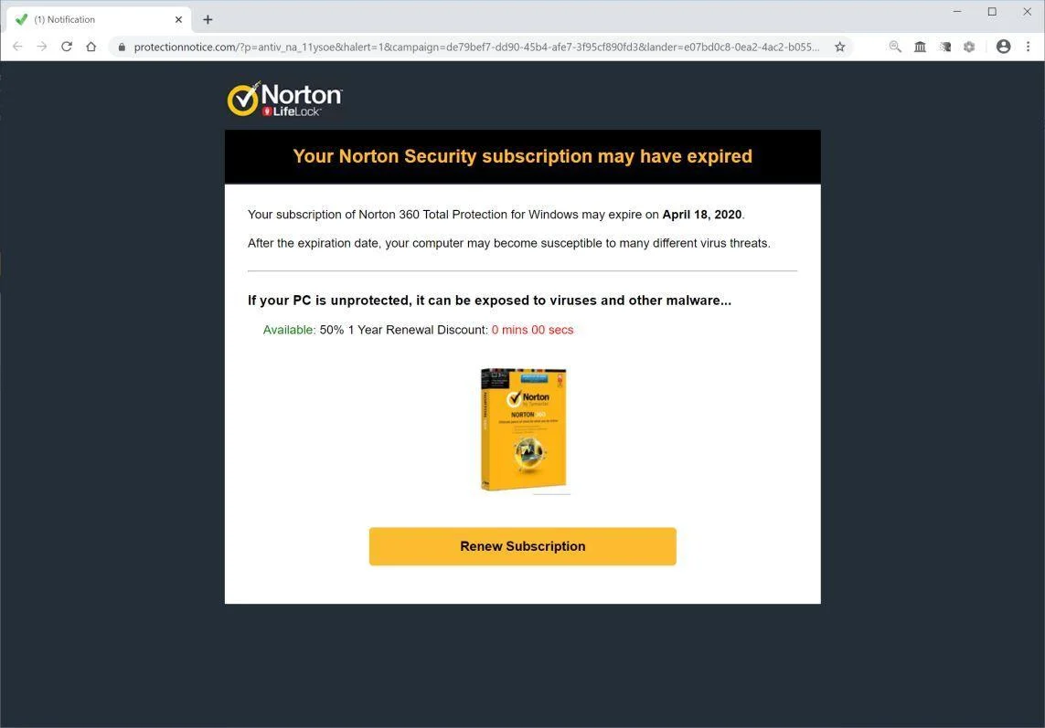 Image: Chrome browser is redirected to Protectionnotice.com