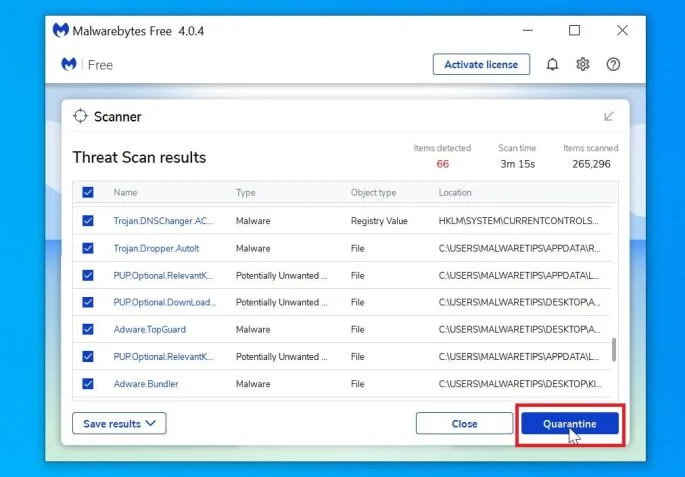 Click on the Quarantine Selected button to remove [Crypt1style@aol.com].MERS virus