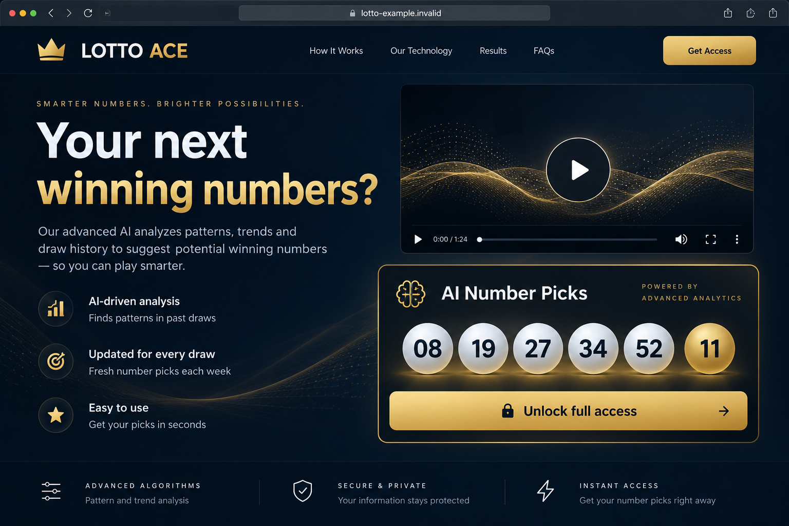 Illustrative nonfunctional Lotto Ace-style number-prediction interface using an example invalid domain, not an authentic campaign screenshot