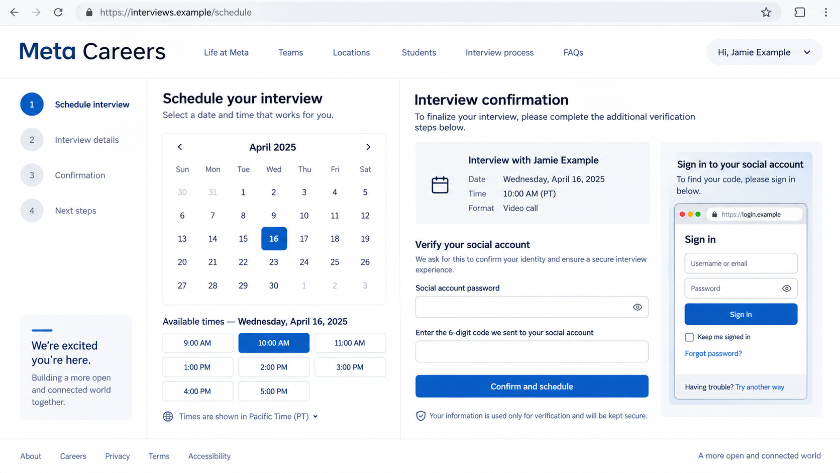 Fictional interview booking interface requesting a social account password and verification code