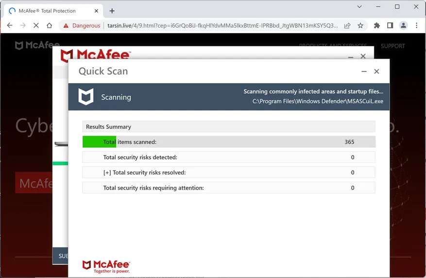 Image: Tarsin.live Fake McAfee Virus Alert