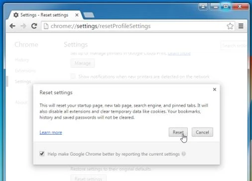 Restore Google Chrome to default settings